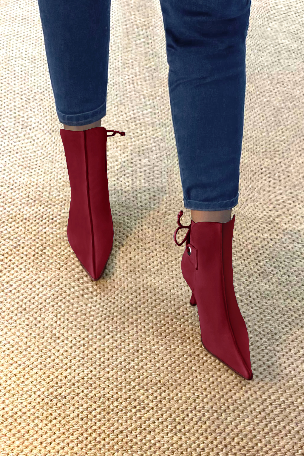 Burgundy red women's ankle boots with laces at the back. Pointed toe. High slim heel. Worn view - Florence KOOIJMAN